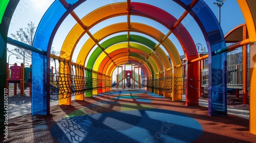A colorful tunnel with ropes and nets in a playground. Generative AI.