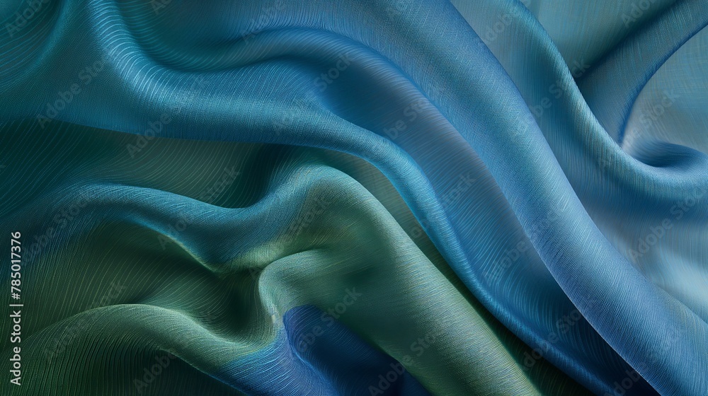 Obraz premium A piece of fabric with a blue and green swirl pattern. The fabric appears to be made of a shiny material, and the colors are vibrant and eye-catching. Scene is one of elegance and sophistication