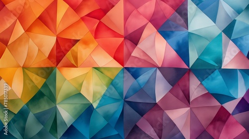 A colorful abstract painting with a rainbow of colors and a variety of shapes. The painting is made up of squares and triangles, and the colors are bright and vibrant