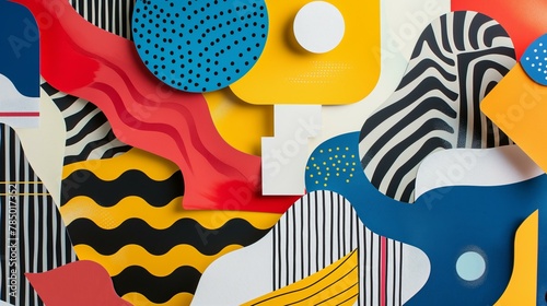 A colorful abstract painting with a white square in the middle. The painting is full of different shapes and colors, and the white square stands out as a focal point