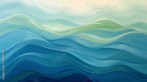 The image is a blue and green wave with a white background. The colors are vibrant and the wave appears to be crashing. Scene is calm and peaceful, as the waves seem to be gently rolling in