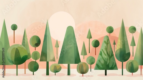 A painting of a forest with trees of different sizes and shapes. The trees are green and the sky is pink. The painting has a peaceful and calming mood