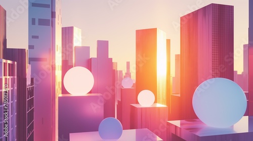 A cityscape with a pink and orange sunset in the background. The buildings are made of cubes and the sky is filled with a variety of shapes