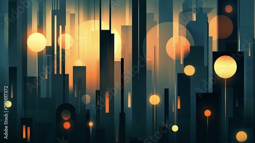 A cityscape with many tall buildings and a large sun in the background. The sun is surrounded by many small circles, which are lit up. Scene is bright and lively, with the sun shining down on the city
