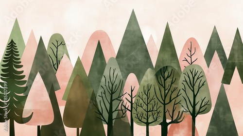 A painting of a forest with trees and mountains in the background. The trees are green and brown, and the mountains are pink. The painting has a peaceful and serene mood, with the trees