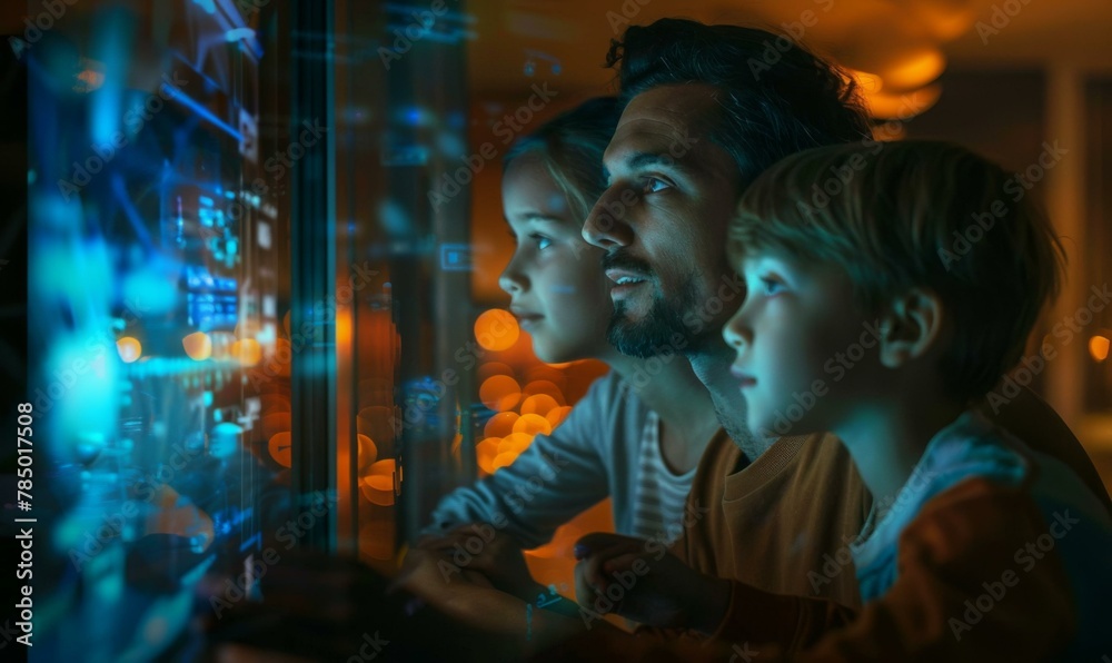 A man and two children looking at a screen with lights. Generative AI.