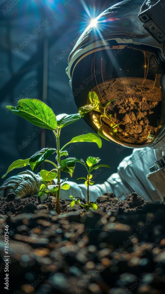 Obraz premium A man in an astronaut suit looking at a plant growing. Generative AI.