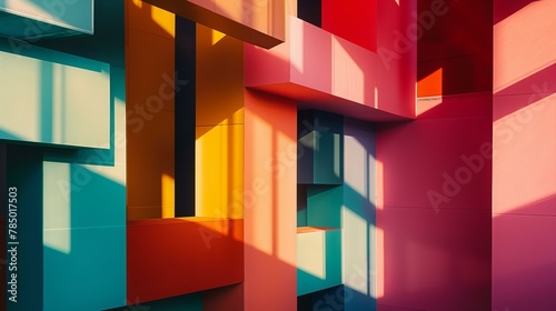 A colorful building with many windows and a bright sun shining on it. The building is made of blocks and has a unique design