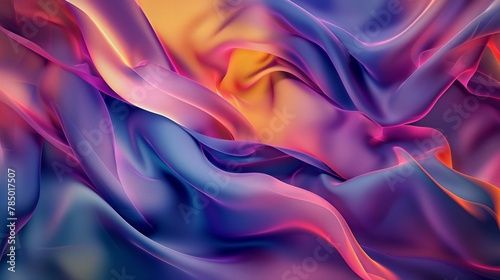 A colorful piece of fabric with a purple and orange hue. The fabric is flowing and he is a part of a larger design
