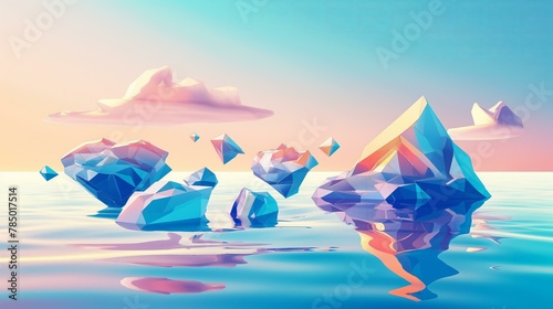 A computer generated image of a blue ocean with a few icebergs floating on it. The icebergs are scattered throughout the scene, with some closer to the foreground and others further away