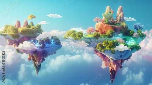 A colorful, fantastical scene of a sky with two islands floating in the air. The sky is filled with clouds and the islands are surrounded by trees and water. Scene is whimsical and imaginative © SKW