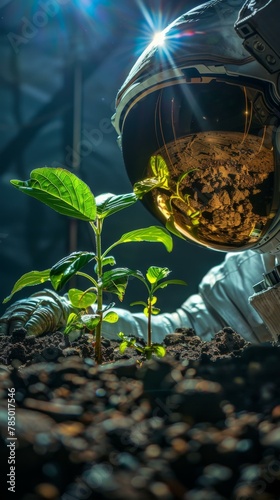 A man in an astronaut suit looking at a plant growing. Generative AI.