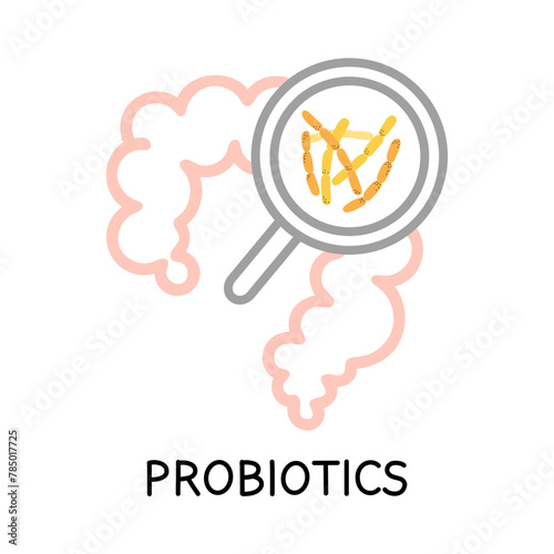 Intestines and Probiotics. Different colorful microbiome and microbiota. Bifidobacterium and lactobacillus, supplement isolated elements. Gastrointestinal health, vector cartoon flat illustration