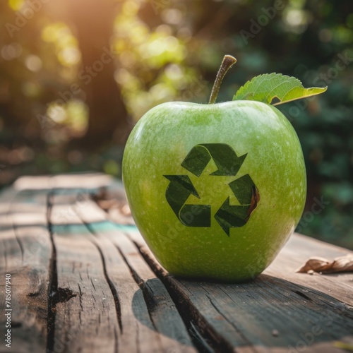A green apple with a recycle symbol on it sitting on top of wood. © serg3d