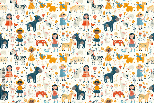 Whimsical pattern with playful children and animals in a folk style