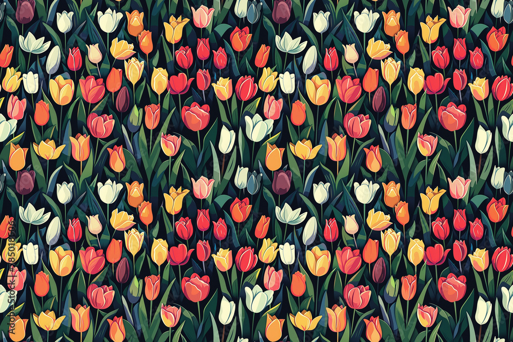 Foto Colorful tulips in full bloom against a lush, dark background