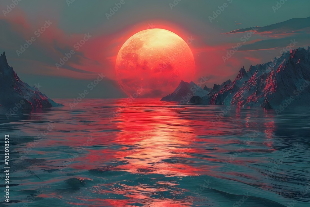 Red Moonrise Over Crimson Tide. Concept Lunar Phenomenon, Ocean Views, Astronomy, Nature Photography, Spectacular Red Moonrise