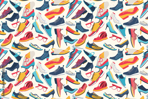 Colorful assortment of shoes in a dynamic, playful pattern