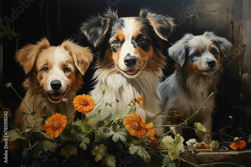 Curious puppies frolicking amidst vibrant flowers and greenery in a garden, creating a delightful and cute spectacle.