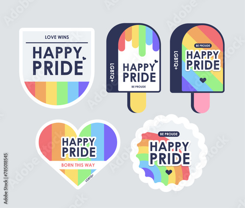 LGBT rainbow trendy stickers collection. Pride month, happy pride day, love is love. (ID: 785018545)