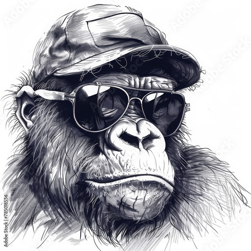 Cool monkey gorilla Gangsta rapper in sunglasses. generated sketch art(Generative Ai) photo