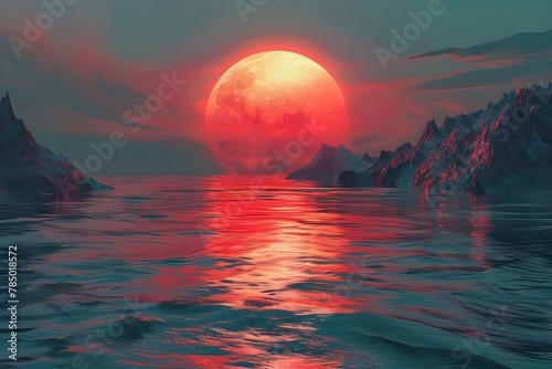 Red Moonrise Over Crimson Tide. Concept Lunar Phenomenon, Ocean Views, Astronomy, Nature Photography, Spectacular Red Moonrise photo