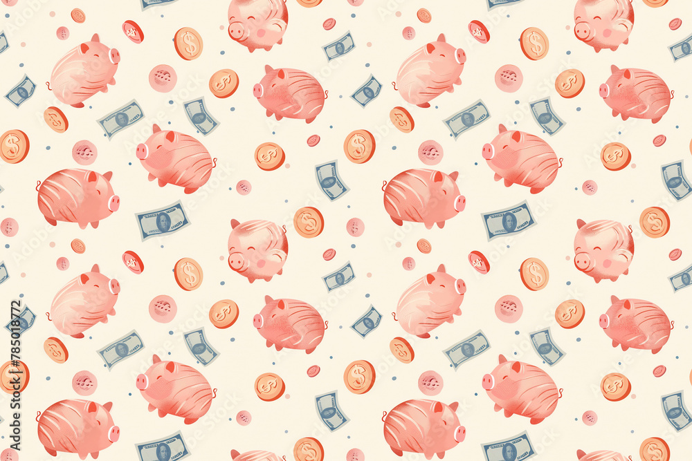 Cute piggy bank and money icons pattern, ideal for financial concepts