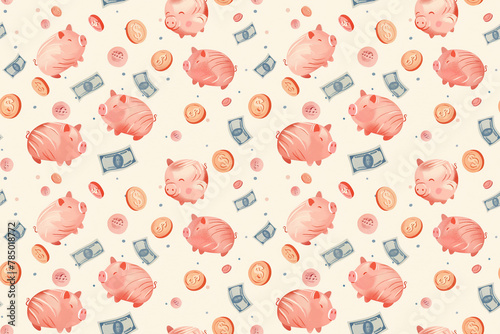 Cute piggy bank and money icons pattern, ideal for financial concepts photo