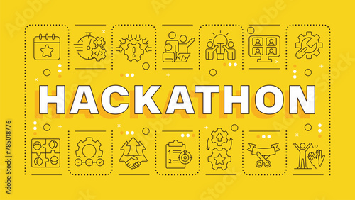 Hackathon yellow word concept. Tech event organization. Teamwork and collaboration. Horizontal vector image. Headline text surrounded by editable outline icons. Hubot Sans font used
