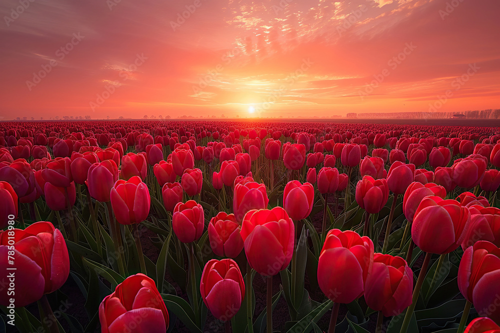 A huge beautiful plantation of red tulips at sunset. Natural background of incredible beauty. Generative AI