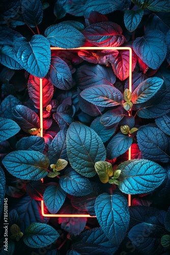 A vivid red neon rectangle contrasts with the rich blue tones of lush leaves  offering a striking visual for contemporary botanical themes.