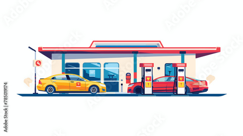 Petrol station with two cars. Flat vector illustration
