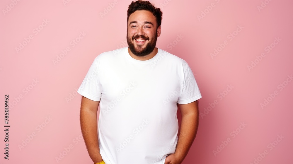 joyful young hispanic plus size body positive male man boy guy 30s in white blank design casual t-shirt posing color background studio portrait, ai joyful young hispanic plus size body positive male man boy guy 30s in white blank design casual t-shirt posing color background studio portrait, ai