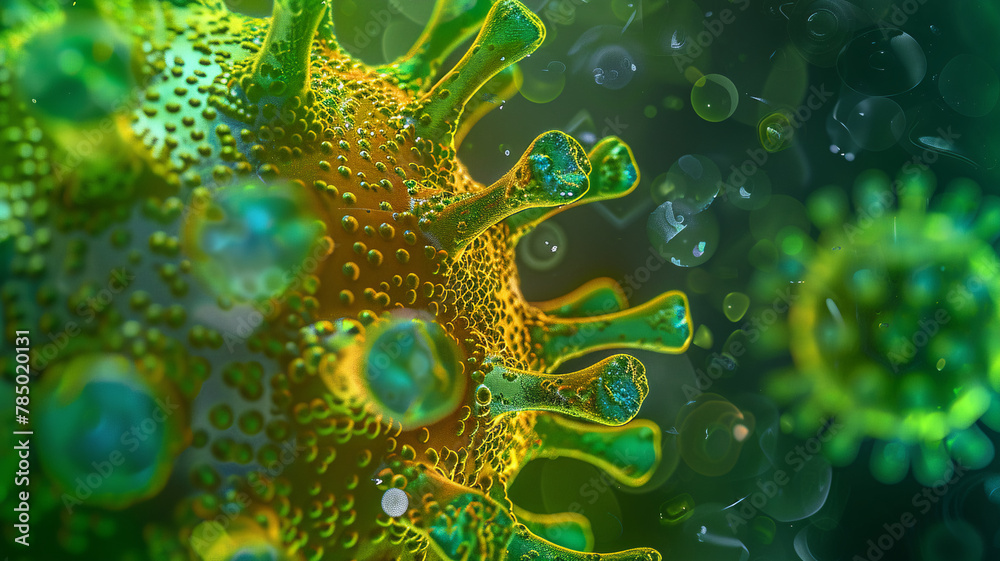 close-up depiction of virus particles, rendered in striking green and yellow hues, captures the intricate beauty and complexity of the microscopic world.