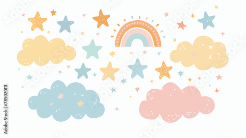 Fototapeta Naklejka Na Ścianę i Meble -  Cute rainbow clouds and stars. Sweet pastel colors. M