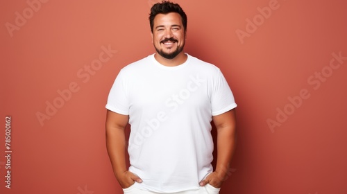 joyful young hispanic plus size body positive male man boy guy 30s in white blank design casual t-shirt posing color background studio portrait, ai