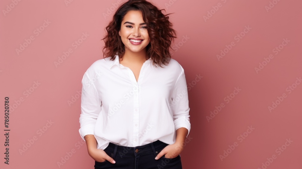 joyful young hispanic plus size body positive female woman girl 30s in white blank design casual t-shirt posing color background studio portrait, ai joyful young hispanic plus size body positive female woman girl 30s in white blank design casual t-shirt posing color background studio portrait, ai