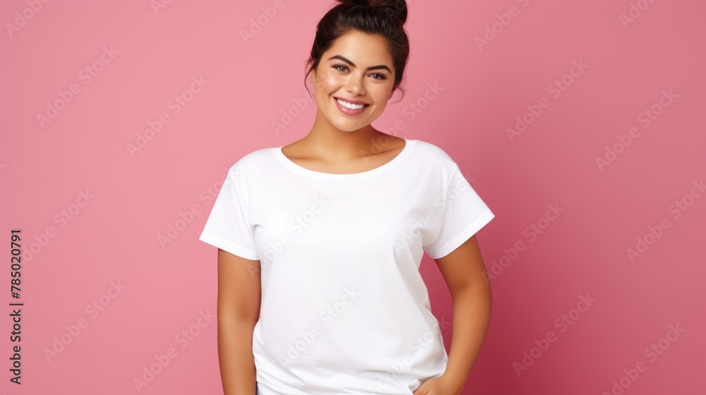 joyful young hispanic plus size body positive female woman girl 30s in white blank design casual t-shirt posing color background studio portrait, ai joyful young hispanic plus size body positive female woman girl 30s in white blank design casual t-shirt posing color background studio portrait, ai