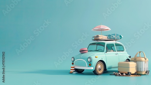 Blue vehicle with beach gear and bags © Desinage