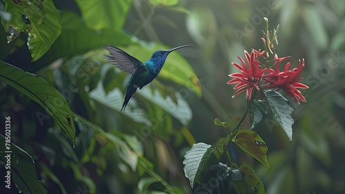 hummingbird in blue violet sabrewing soaring beside a stunning crimson blossom tiny bird flying in the forest costa rica's tropical wildlife bird behavior