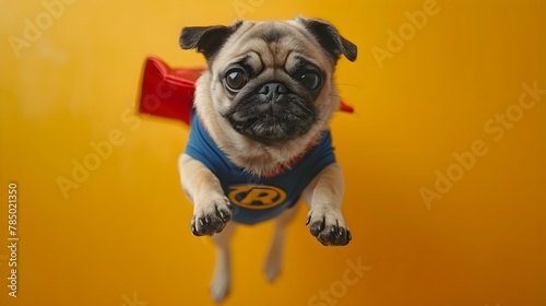 Super Pug Saves the Day: Flying High on a Sunny Adventure. Concept Superhero Dogs, Sunny Adventures, Heroic Pugs, Flying High, Saving the Day © Ян Заболотний