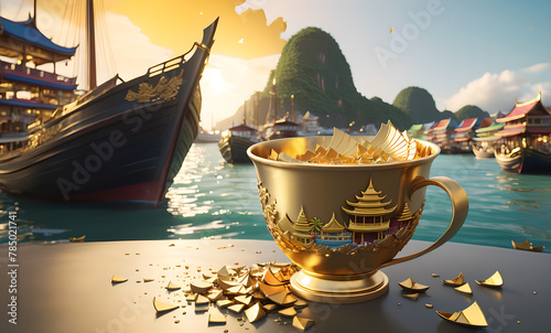 whimsical 3D render illustration of a broken gold titanium cup with Thai pattern, revealing a charming harbor scene photo