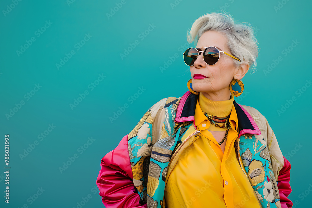 beauty 90s style clothing senior woman wearing jacket on colored wall background beauty 90s style clothing senior woman wearing jacket on colored wall background