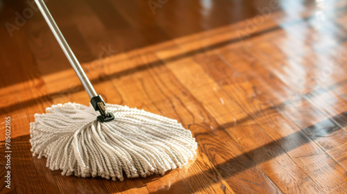 A mop head sweeping across a wooden floor, cleaning service and housework concept.