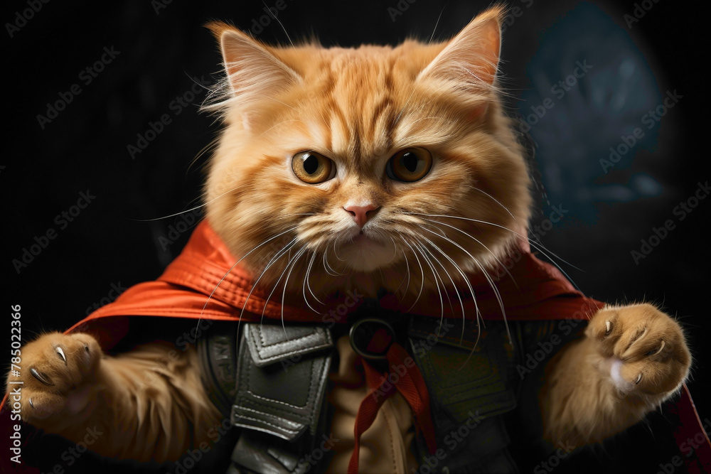 An orange-tabby cat dressed in a superhero cape and mask, striking a heroic pose against an energetic orange background.