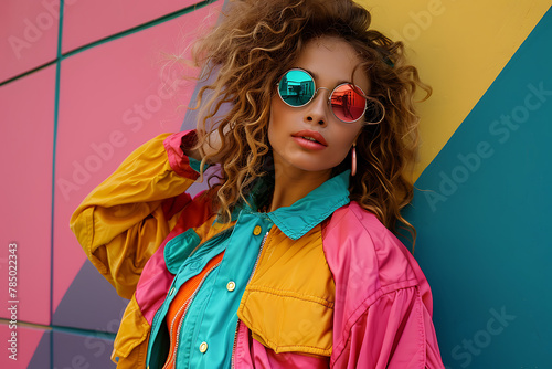 beauty 90s style clothing young woman wearing jacket on colorful wall background on the street