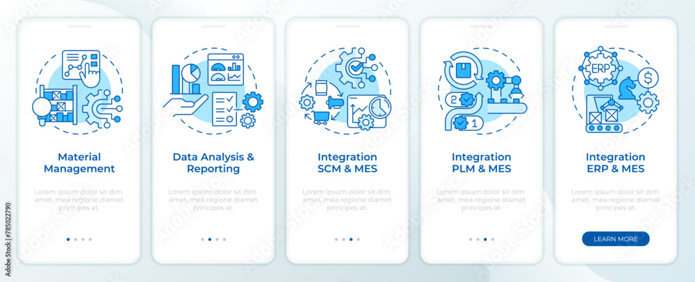 MES integration blue onboarding mobile app screen. Walkthrough 5 steps editable graphic instructions with linear concepts. UI, UX, GUI template. Montserrat SemiBold, Regular fonts used - obrazy, fototapety, plakaty 