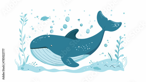 Cute whale swims in blue underwater world isolated