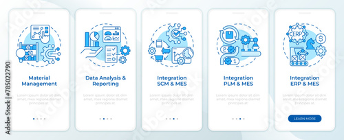 MES integration blue onboarding mobile app screen. Walkthrough 5 steps editable graphic instructions with linear concepts. UI, UX, GUI template. Montserrat SemiBold, Regular fonts used © bsd studio
