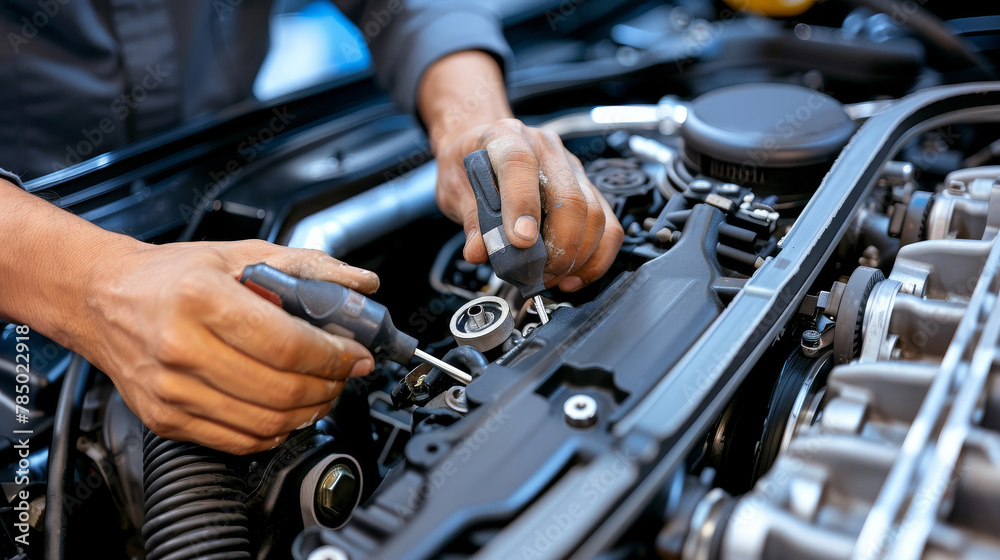 Mechanic or technician checking and working on a car engine Mechanic or technician checking and working on a car engine